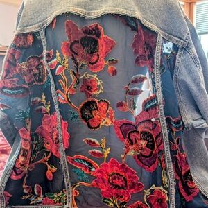 Maurices Blue and Red Jean Jacket with Vintage Floral Design
